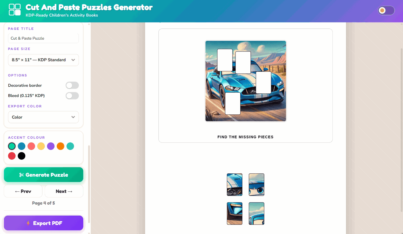 Cut and Paste Puzzles Generator app showing a cut and paste puzzle page